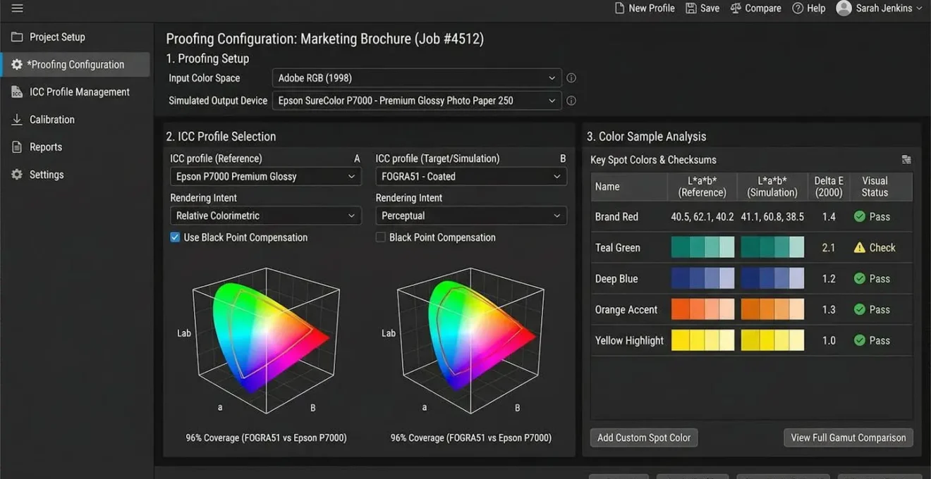 Interface de configuration d'épreuvage avec sélection de profils ICC et échantillons de couleurs