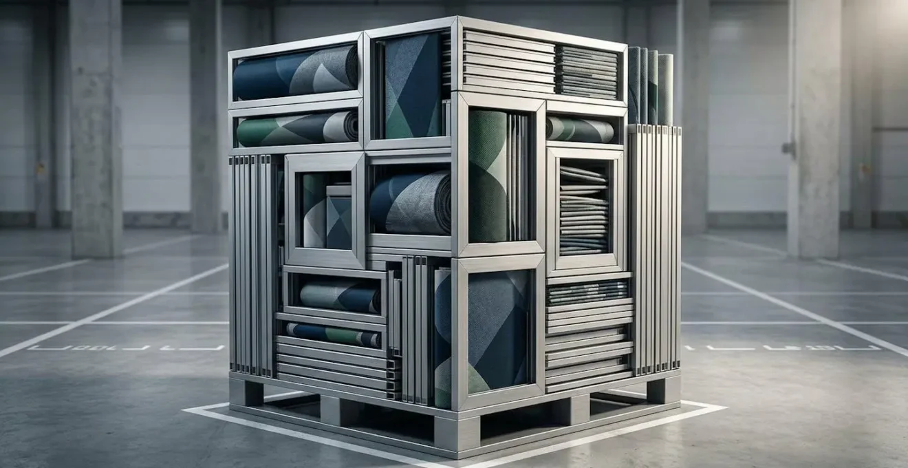 Mobilier de stand modulaire empilé de manière compacte dans un espace de stockage professionnel