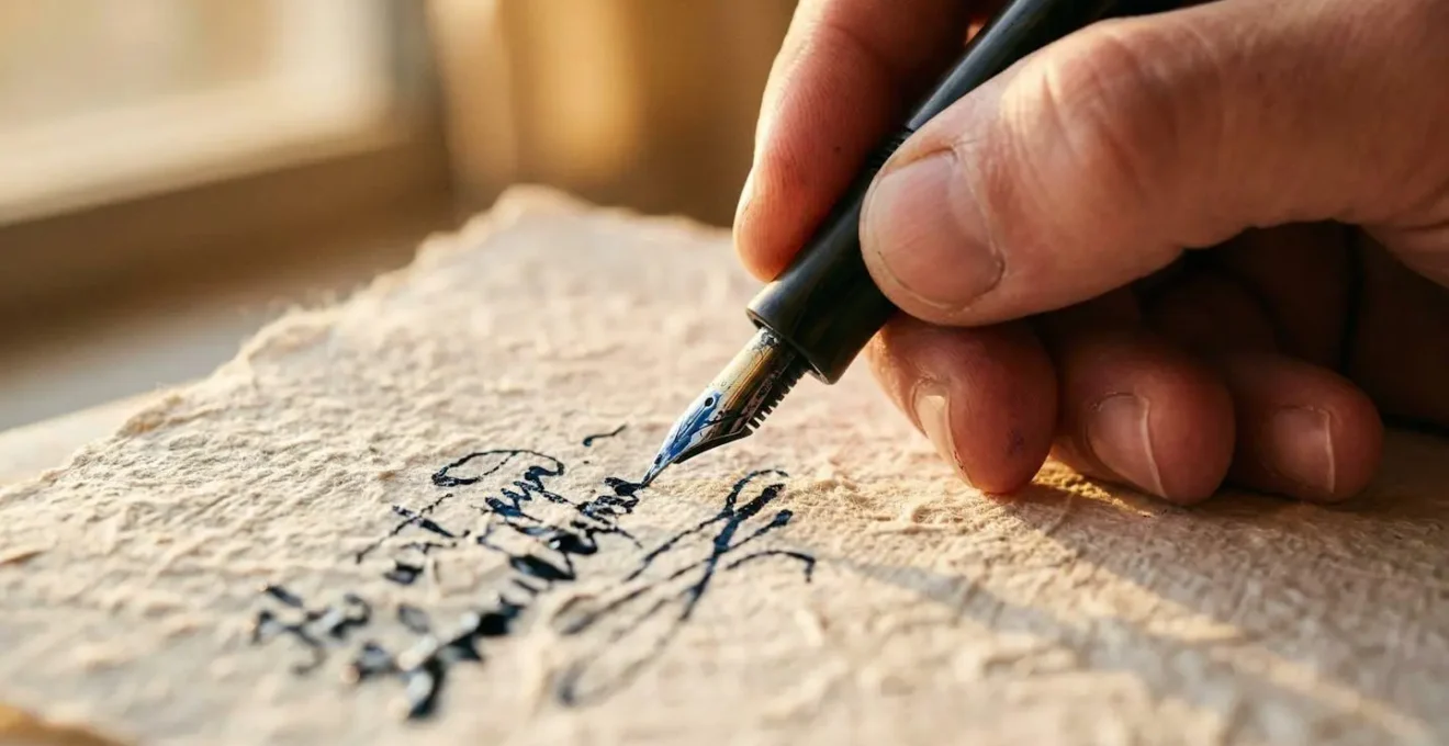Gros plan sur une main écrivant une note de remerciement avec stylo plume