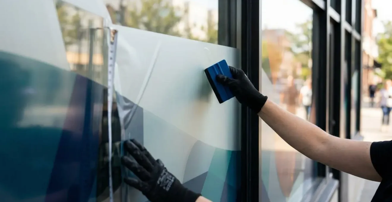 Démonstration de la pose d'un adhésif grand format sur vitrine avec respect des zones de visibilité réglementaires
