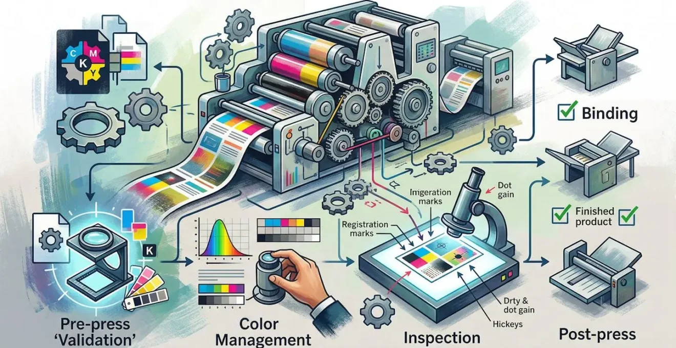 Composition symbolique représentant le processus de contrôle qualité en impression
