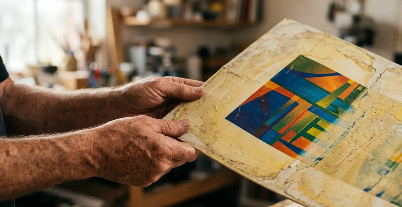 Panneau PVC expansé montrant la différence entre la zone protégée par une impression sérigraphique aux couleurs vives et la zone exposée, jaunie par le soleil.
