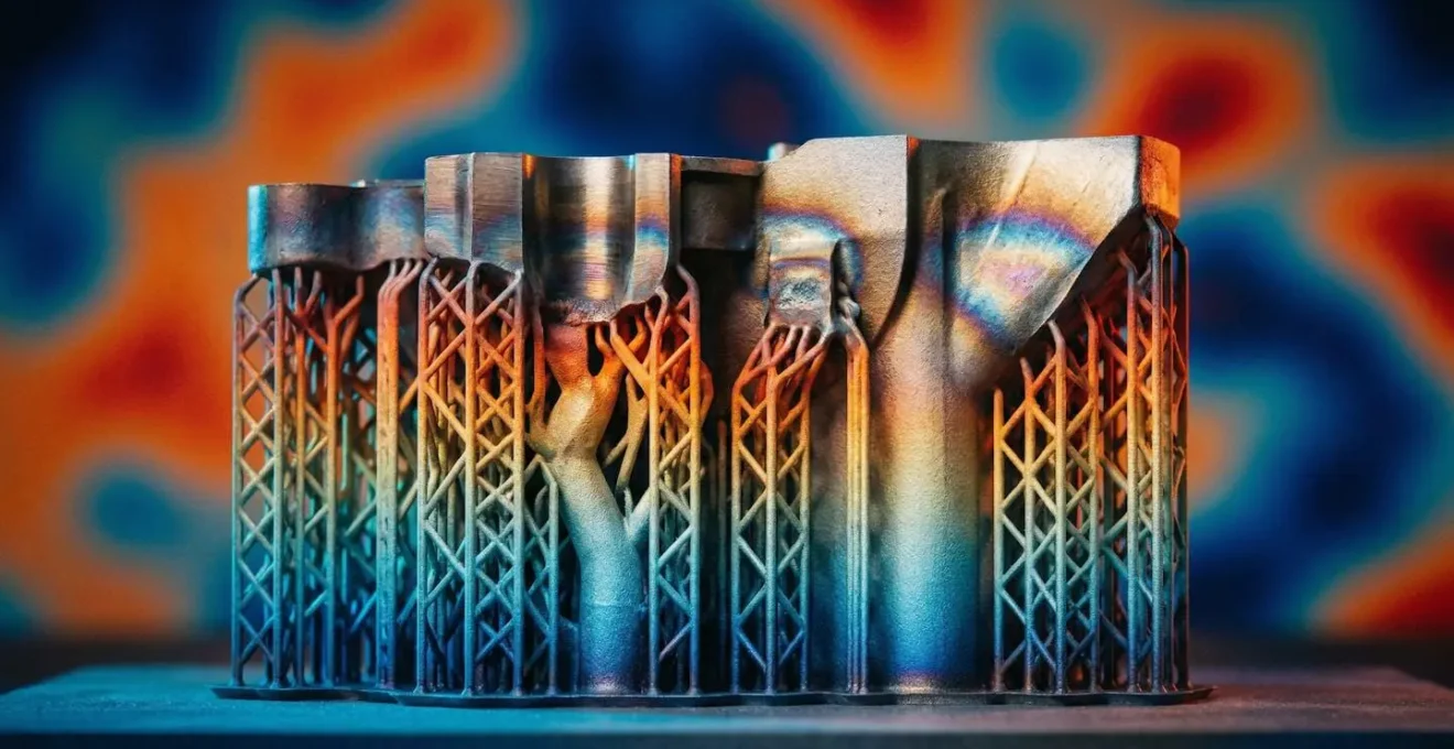 Visualisation d'une simulation thermomécanique montrant la distribution de chaleur et les contraintes dans les supports d'une pièce imprimée en métal