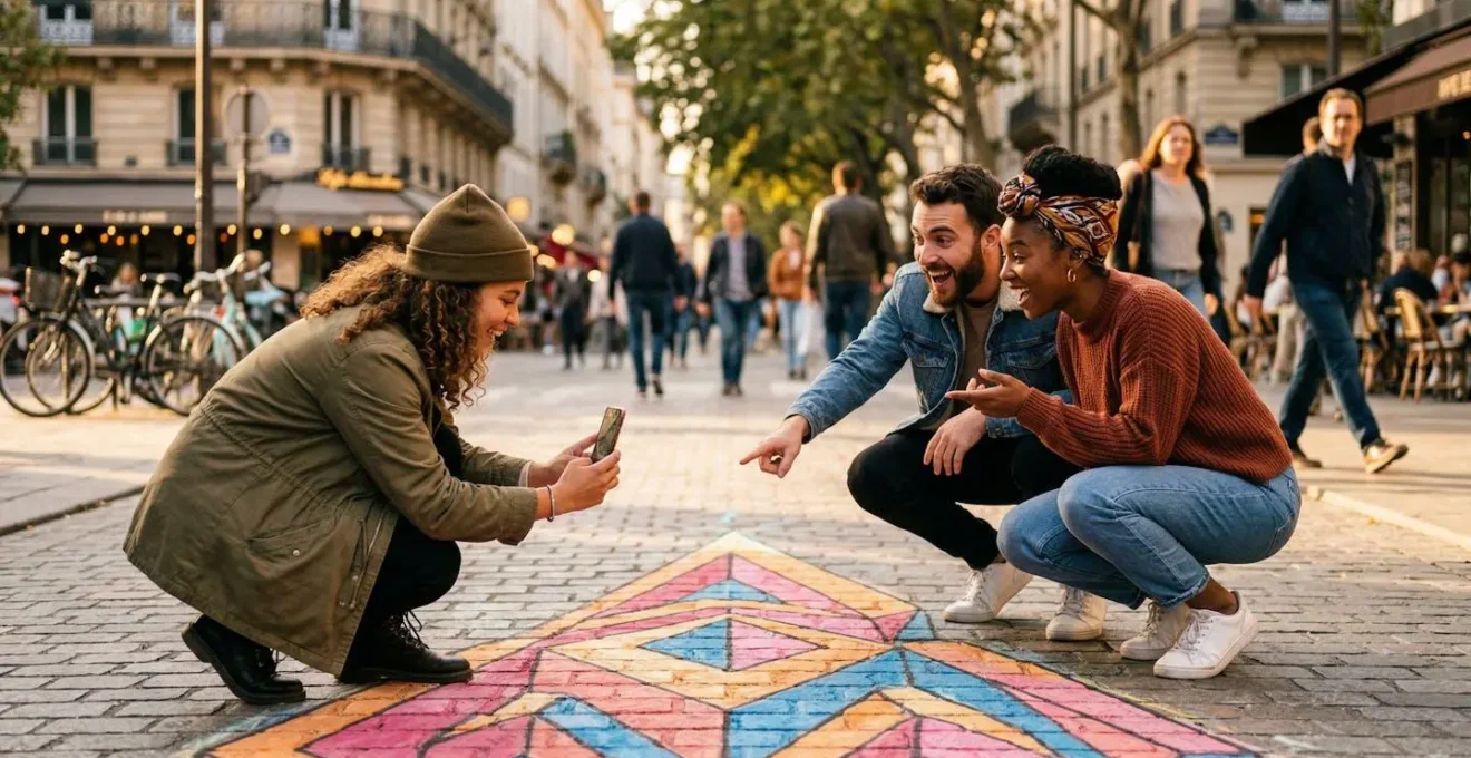 Passants photographiant une installation de street marketing interactive