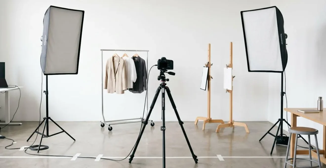 Studio photo minimaliste avec vêtements suspendus et setup de prise de vue mockup