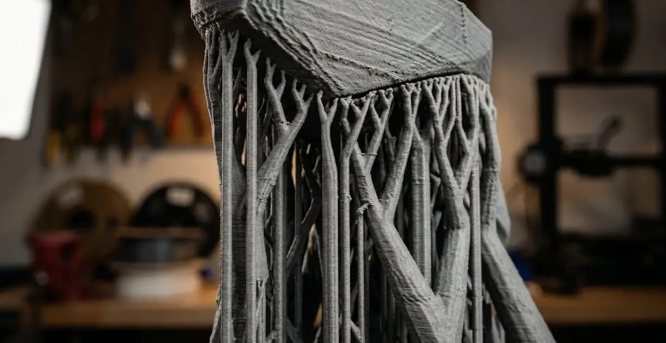 Détail macro d'une pièce imprimée en 3D montrant différents types de structures de support avant retrait
