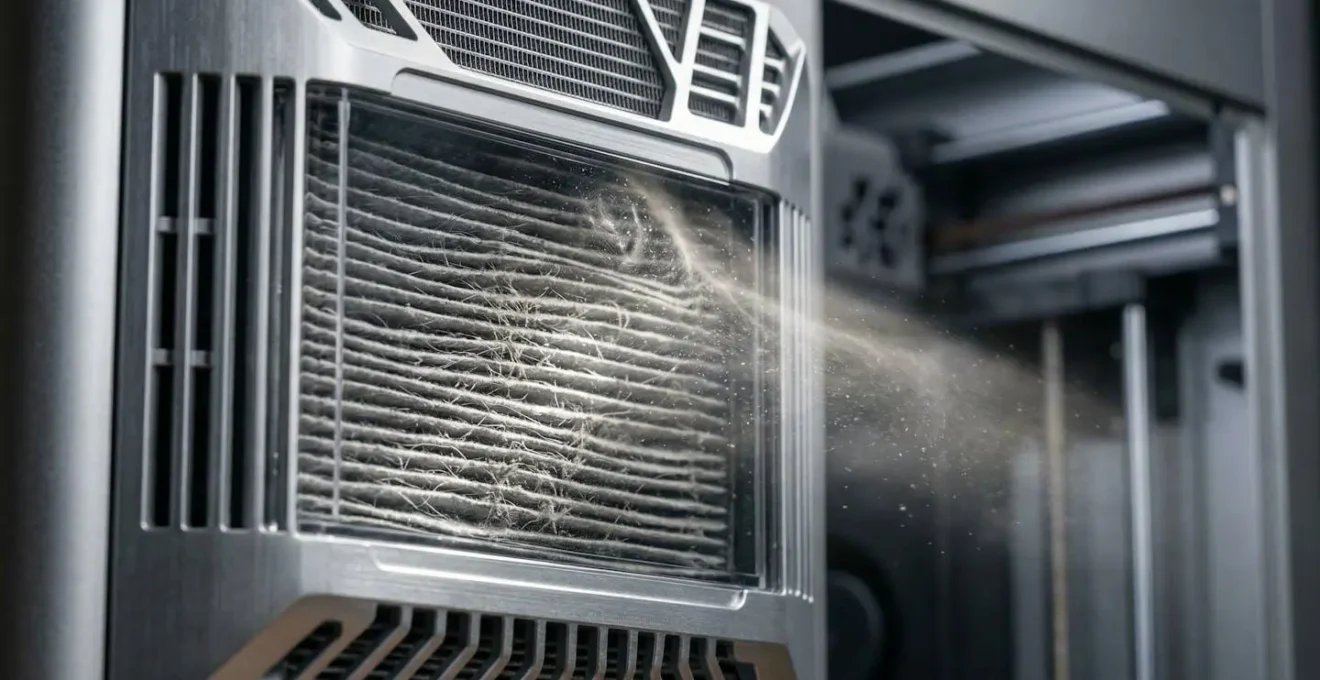 Gros plan sur un système de filtration HEPA installé sur un caisson d'imprimante 3D