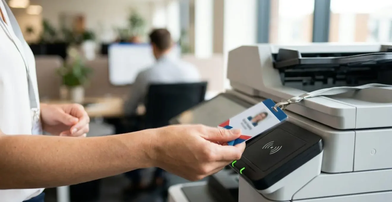 Employé utilisant un badge RFID pour libérer son impression sur une imprimante multifonction