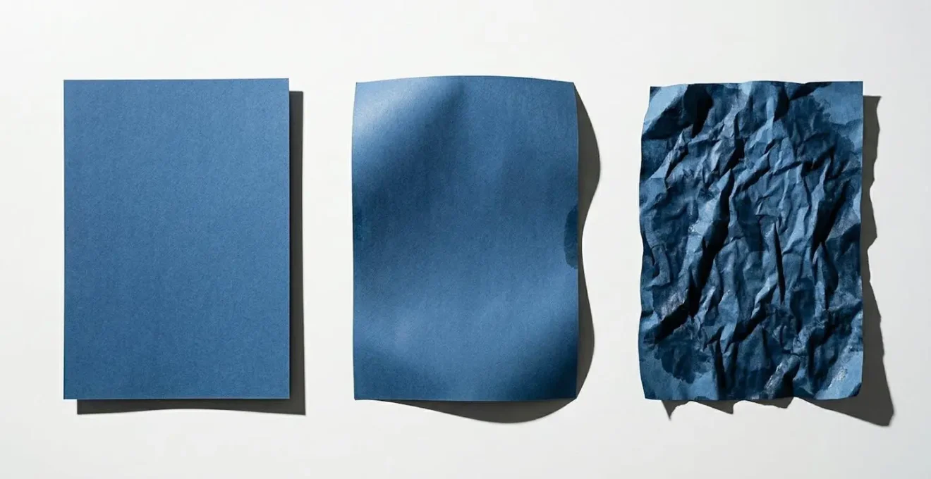 Comparaison visuelle de trois états de trempage du papier dos bleu : sec, optimal, et sur-saturé.