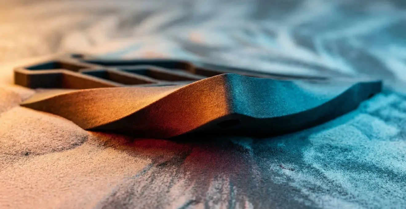 Pièce SLS montrant les zones de contraintes thermiques et le warping résultant
