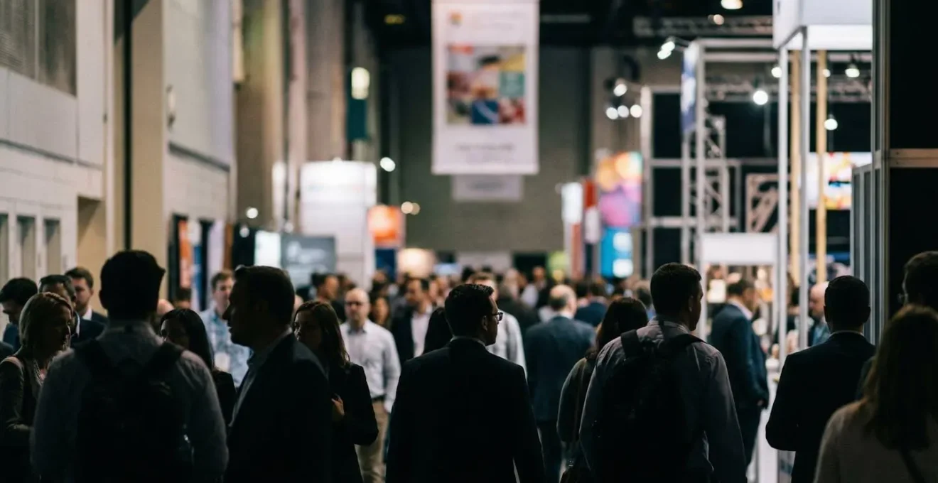 Vue latérale d'un salon professionnel montrant la zone de visibilité optimale d'un roll-up au-dessus de la foule